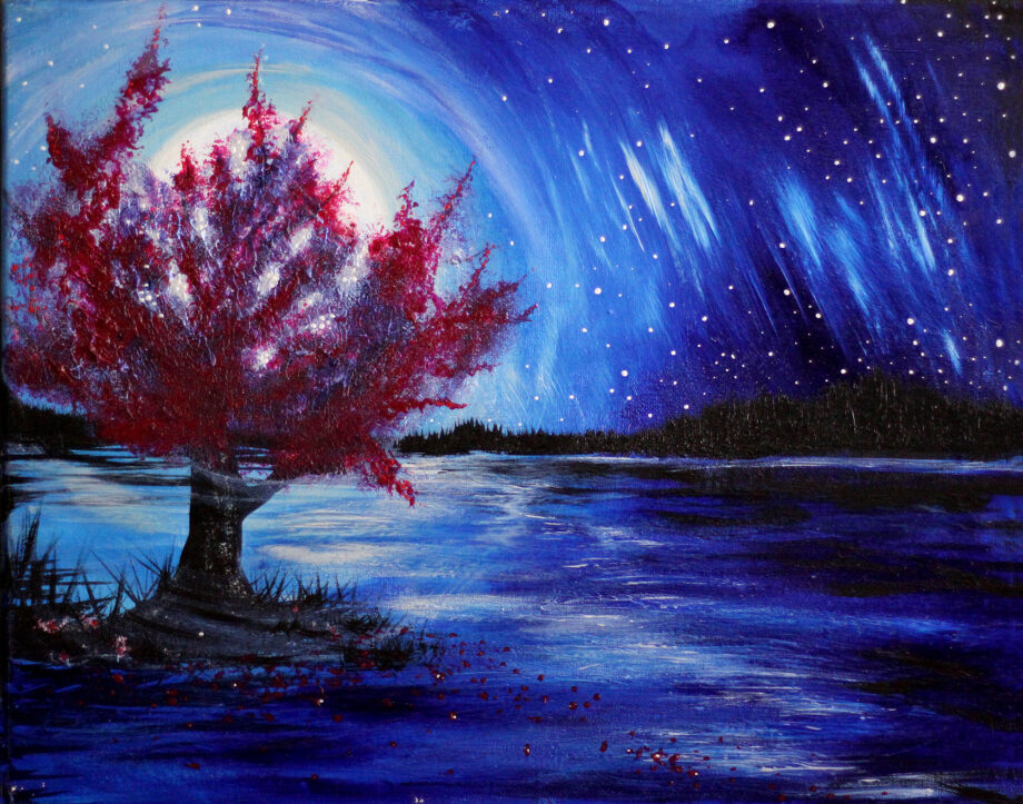 Cherry Tree in the Full Moon Aurora Lights